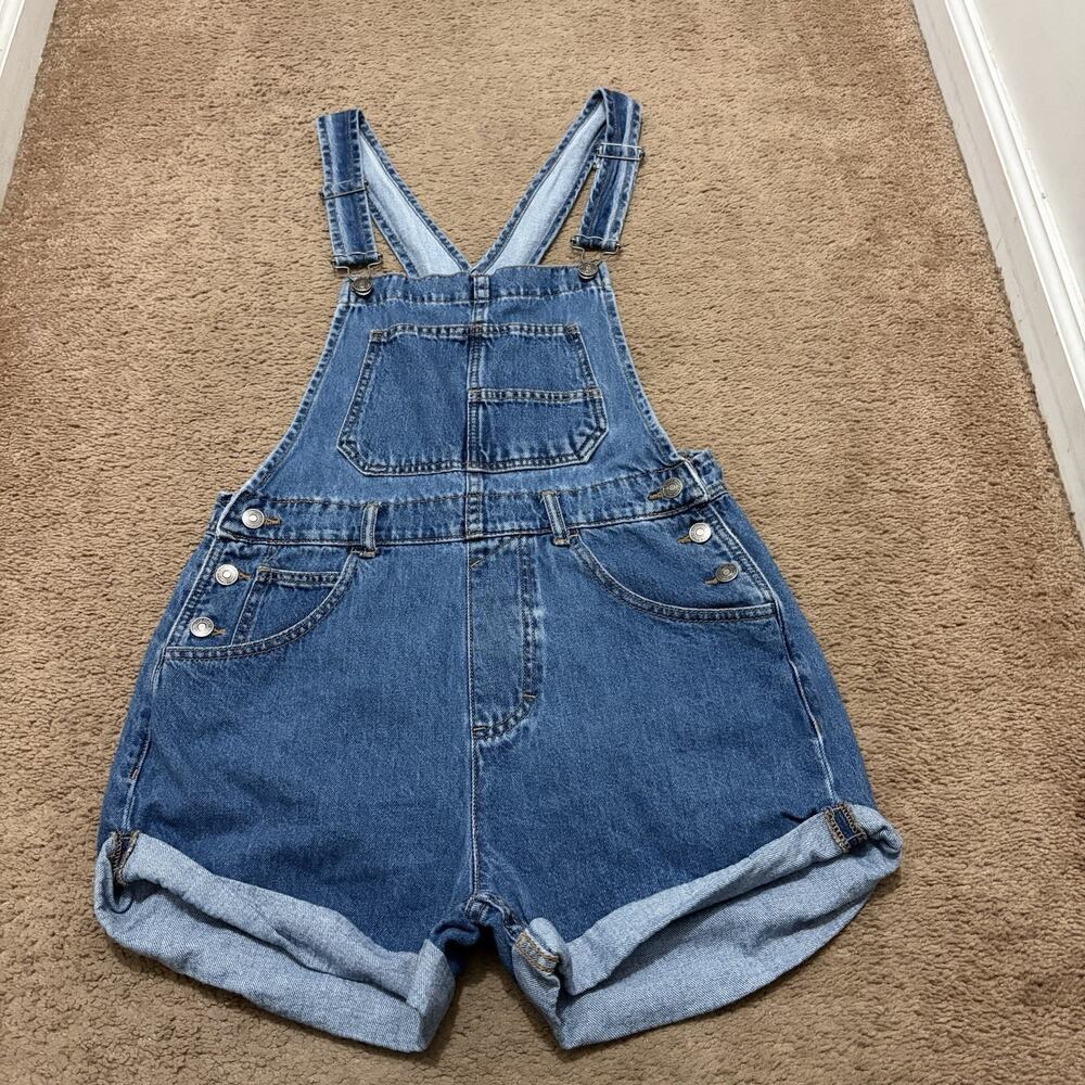We The Free Ziggy Shortalls Womens Small Blue Denim Bib Cuffed Overall Shorts